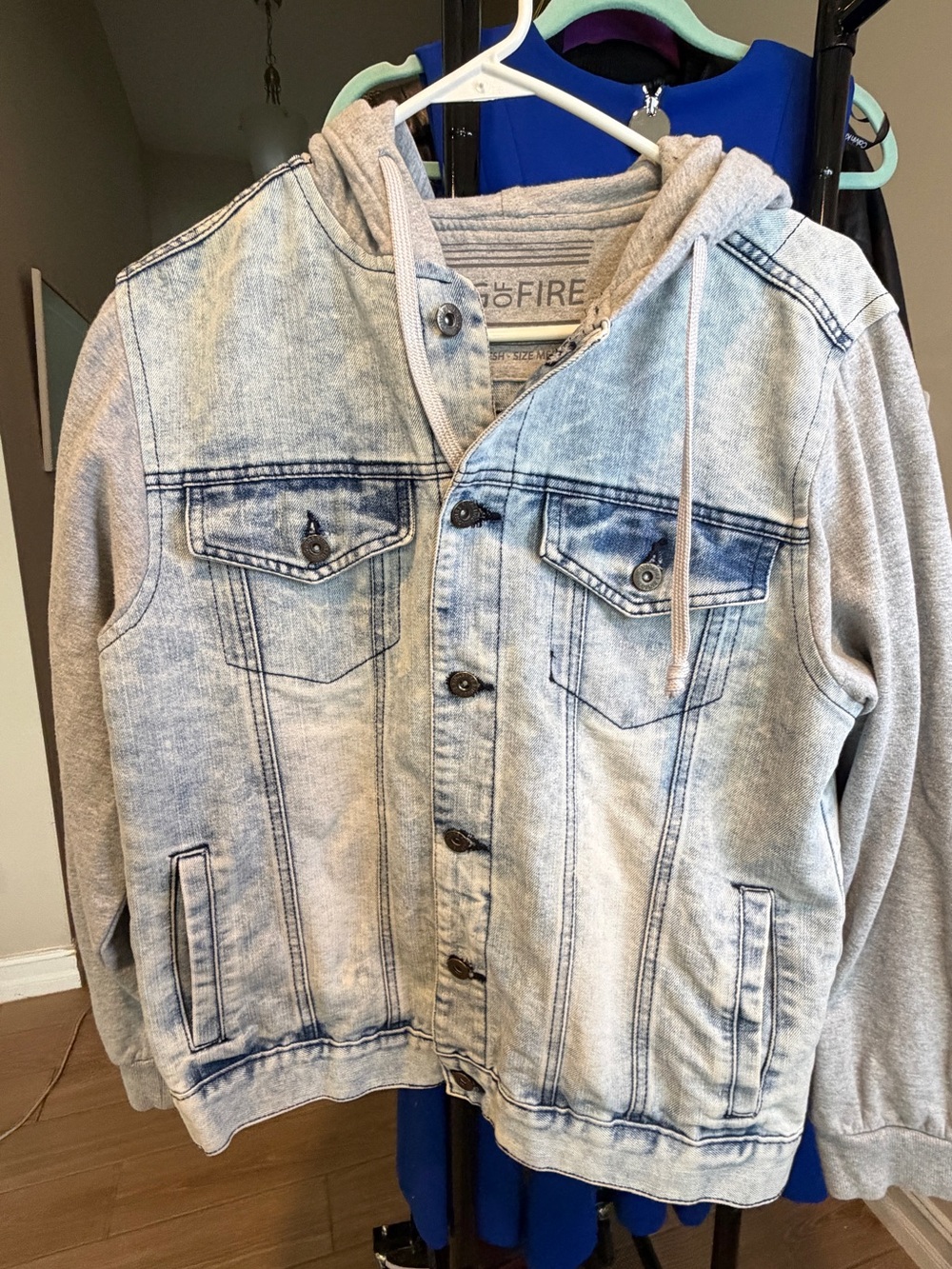 Ring of Fire Light Blue Denim Jacket with Gray Hoodie Sleeves
